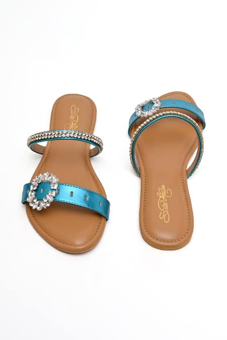 Buy_Sole House_Blue Embellished Brooch Strap Flats _Online_at_Aza_Fashions