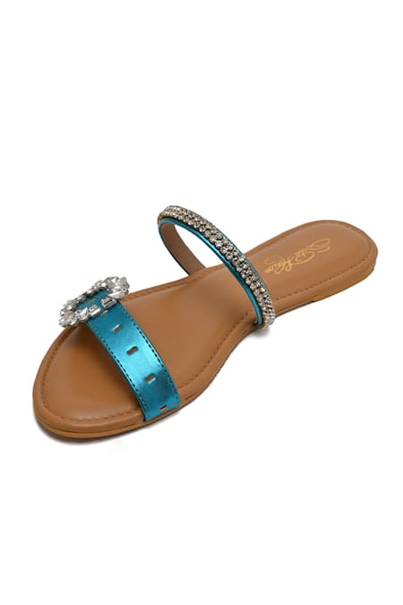 Shop_Sole House_Blue Embellished Brooch Strap Flats _Online_at_Aza_Fashions