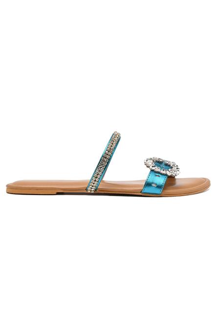 Sole House_Blue Embellished Brooch Strap Flats _at_Aza_Fashions