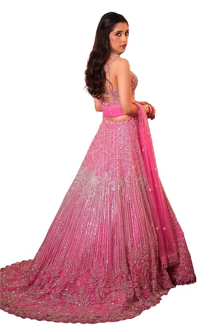 Isa By Dolly Wahal_Pink Net Sequins, Embroidery Sweetheart Neck Rabea Floral Lehenga Set _at_Aza_Fashions