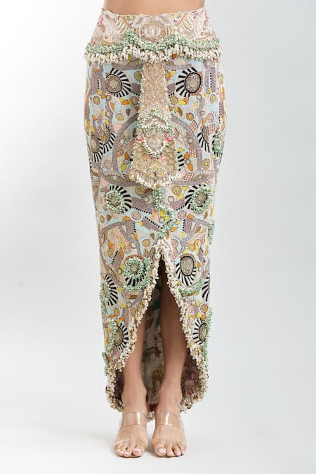 Buy Anamika Khanna Gold Silk Fringe, Sequins, Tassels, Embroidery Button-down Crop Top And Skirt Set Buy_Anamika Khanna_Gold Silk Fringe, Sequins, Tassels, Embroidery Button-down Crop Top And Skirt Set