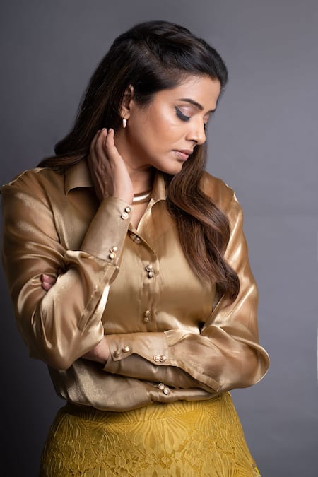 Shop_Nirmooha_Green Chiffon, Chanderi Sequins, Beads Collared Solid Shirt And Pant Set 