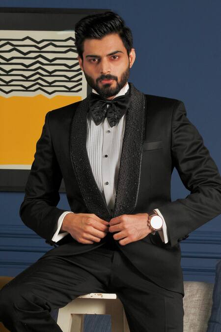 The House Of Diwans_Black Polyester, Cotton, Satin, Viscose Beads Embellished Tuxedo Set _Online_at_Aza_Fashions