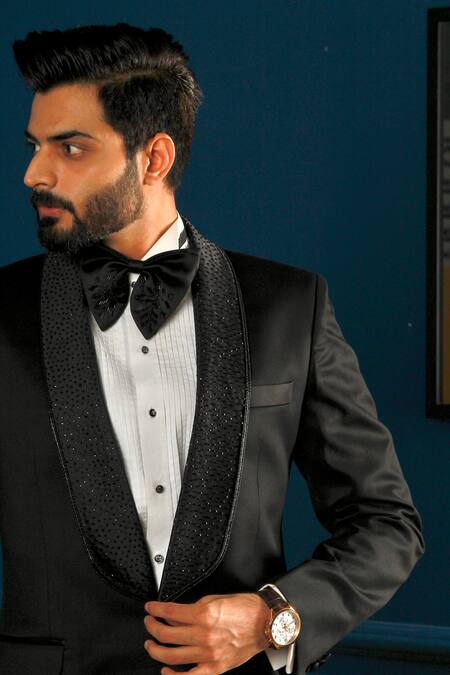 Buy_The House Of Diwans_Black Polyester, Cotton, Satin, Viscose Beads Embellished Tuxedo Set _Online_at_Aza_Fashions