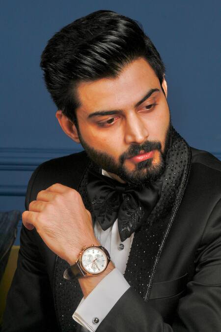 Shop_The House Of Diwans_Black Polyester, Cotton, Satin, Viscose Beads Embellished Tuxedo Set _Online_at_Aza_Fashions