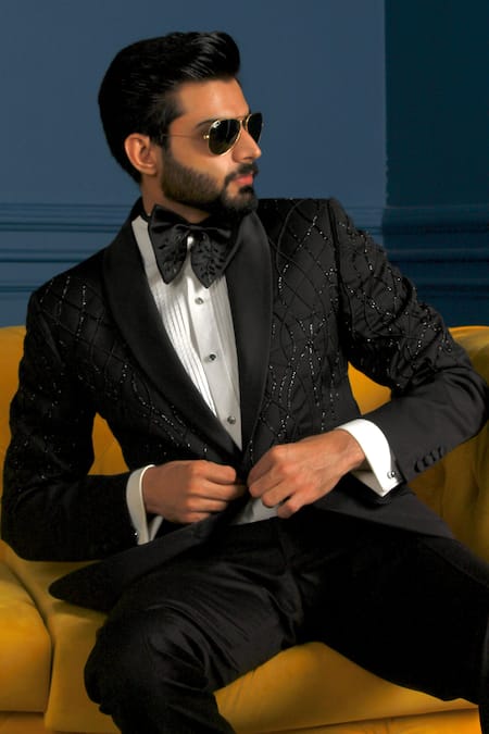 The House Of Diwans Black Tuxedo And Trouser Poly Viscose Embellished Bead Wavy Pattern Set 