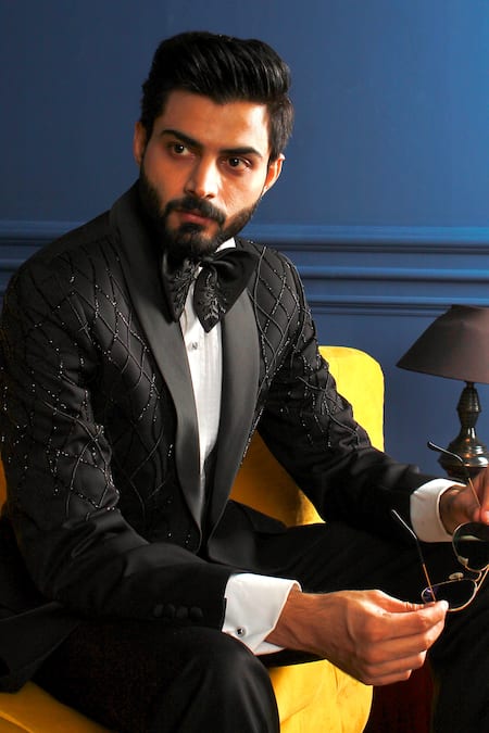 Buy_The House Of Diwans_Black Cotton, Polyester, Satin Beads Wavy Pattern Embellished Tuxedo Trouser Set _Online_at_Aza_Fashions