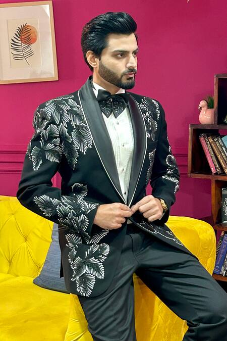 Buy_The House Of Diwans_Black Cotton, Satin, Tweed Sequins, Beads Floral Embellished Tuxedo Trouser Set _Online_at_Aza_Fashions