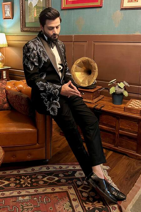 Shop_The House Of Diwans_Black Cotton, Satin, Tweed Sequins, Beads Floral Embellished Tuxedo Trouser Set _Online_at_Aza_Fashions