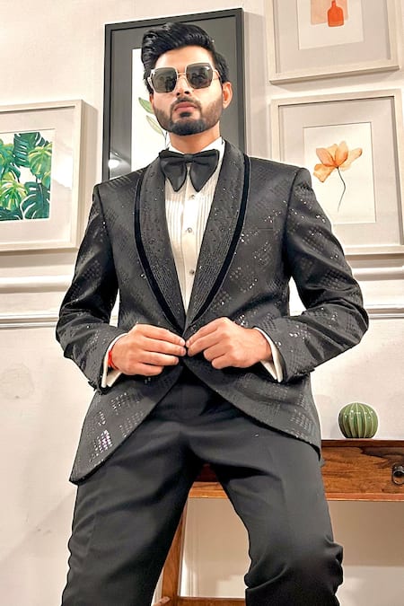 The House Of Diwans Black Sequin Geometric Embellished Tuxedo Set 