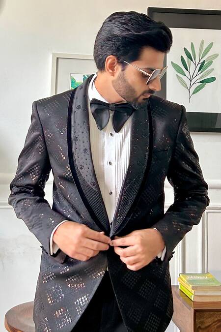 The House Of Diwans_Black Polyester, Cotton, Satin, Viscose Geometric Embellished Tuxedo Set _Online_at_Aza_Fashions