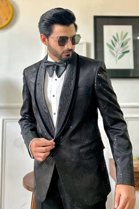 Buy_The House Of Diwans_Black Polyester, Cotton, Satin, Viscose Geometric Embellished Tuxedo Set _Online_at_Aza_Fashions