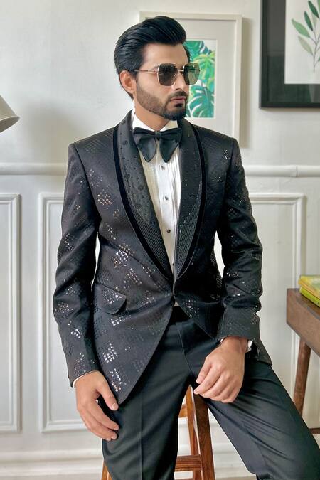 Shop_The House Of Diwans_Black Polyester, Cotton, Satin, Viscose Geometric Embellished Tuxedo Set _Online_at_Aza_Fashions