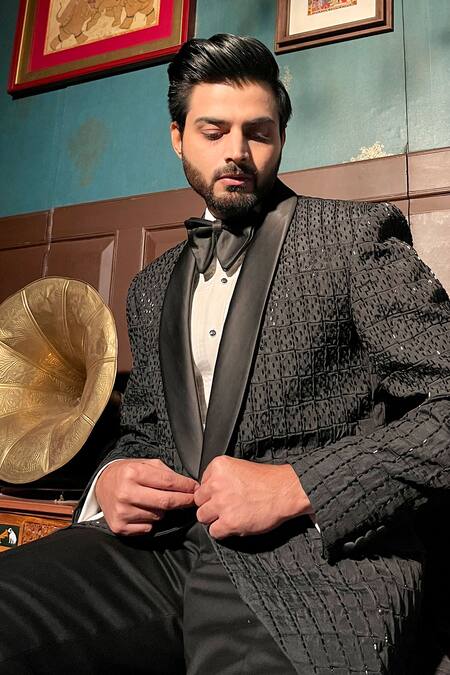 Buy_The House Of Diwans_Black Polyester, Cotton, Viscose Beads, Checkered Embellished Tuxedo Trouser Set _Online_at_Aza_Fashions