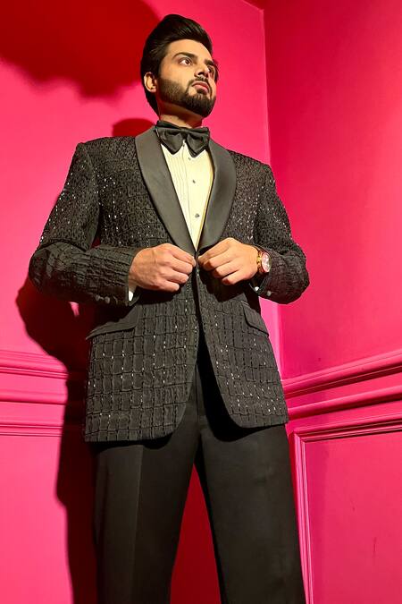 Shop_The House Of Diwans_Black Polyester, Cotton, Viscose Beads, Checkered Embellished Tuxedo Trouser Set _Online_at_Aza_Fashions