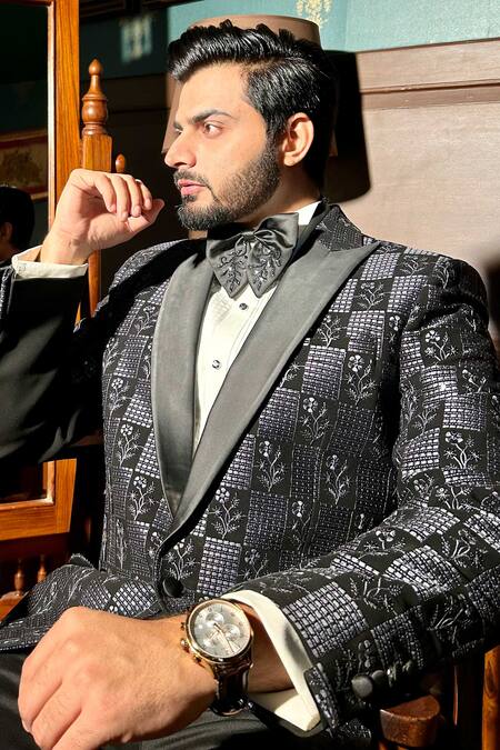 Buy_The House Of Diwans_Black Cotton, Satin, Twill Sequins Floral Thread Embroidered Tuxedo Trouser Set _Online_at_Aza_Fashions