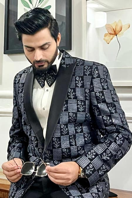 Shop_The House Of Diwans_Black Cotton, Satin, Twill Sequins Floral Thread Embroidered Tuxedo Trouser Set _Online_at_Aza_Fashions