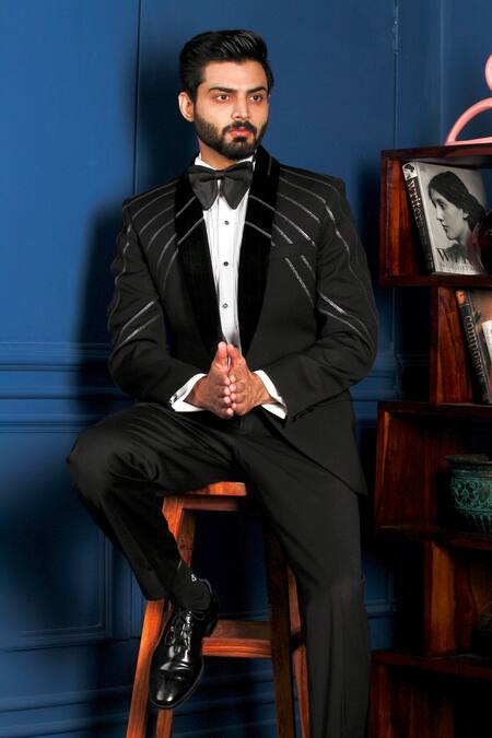 Shop_The House Of Diwans_Black Cotton, Satin Embroidery Tape Embellished Tuxedo Trouser Set _Online_at_Aza_Fashions