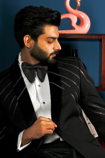 The House Of Diwans_Black Cotton, Satin Embroidery Tape Embellished Tuxedo Trouser Set _at_Aza_Fashions