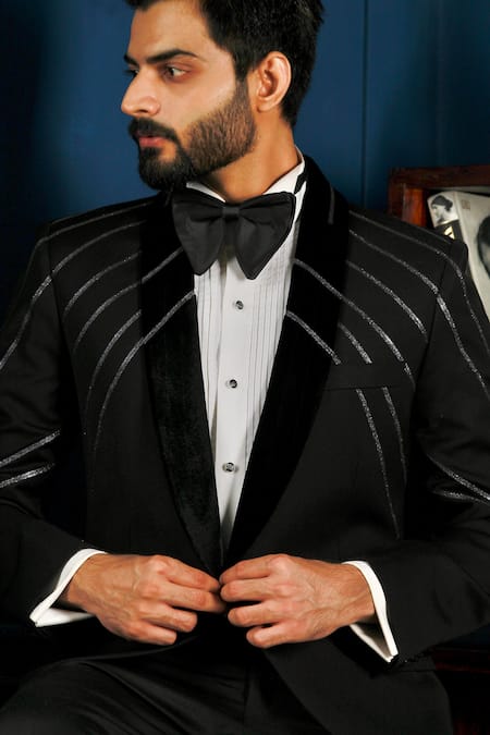 Buy_The House Of Diwans_Black Cotton, Satin Embroidery Tape Embellished Tuxedo Trouser Set 