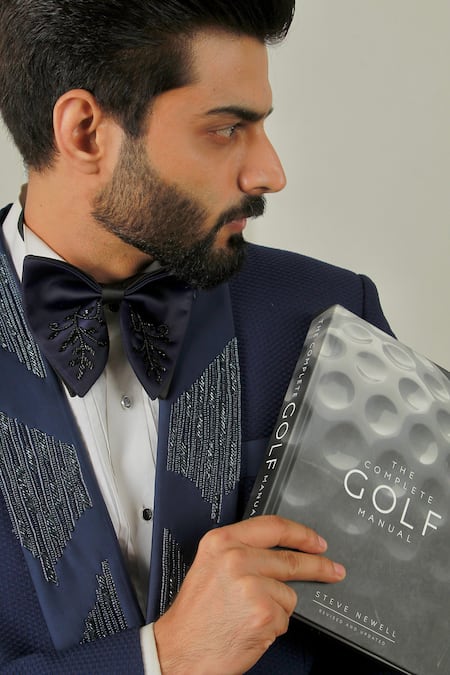 The House Of Diwans_Blue Cotton, Polyester, Viscose Beads Embellished Textured Tuxedo Trouser Set _Online_at_Aza_Fashions