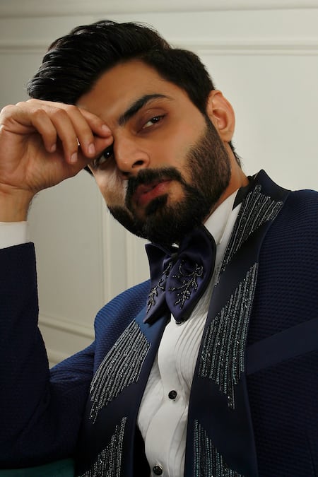 Buy_The House Of Diwans_Blue Cotton, Polyester, Viscose Beads Embellished Textured Tuxedo Trouser Set _Online_at_Aza_Fashions