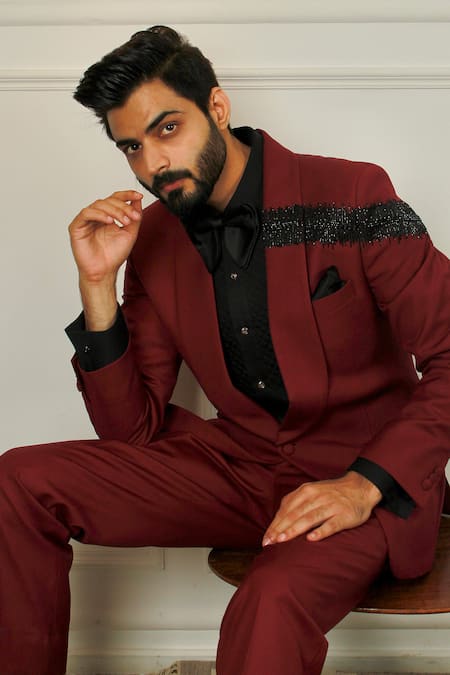 The House Of Diwans Bead Embellished Wine Tuxedo Set 
