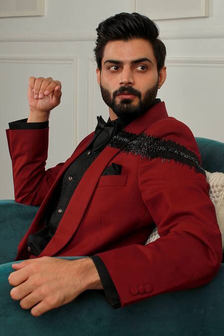 The House Of Diwans_Wine Polyester, Viscose, Cotton, Satin Beads Embellished Tuxedo Set _Online_at_Aza_Fashions