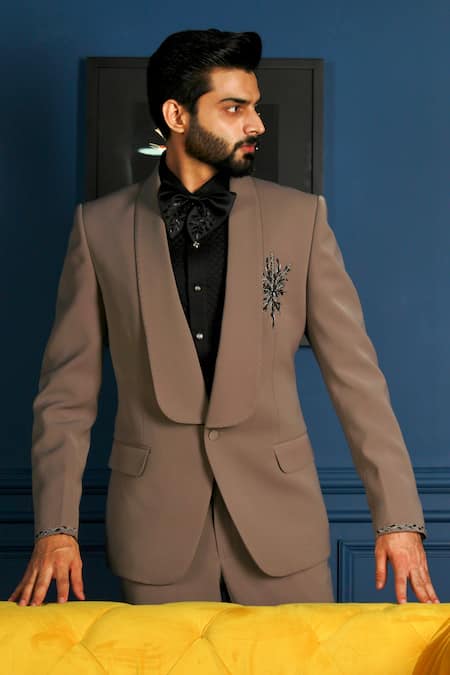 The House Of Diwans Brown Tuxedo And Trouser Poly Viscose Embellished Bead Placed Floral Set 