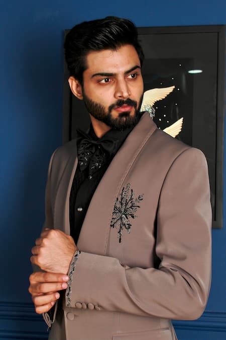 The House Of Diwans_Brown Polyester, Viscose, Cotton Placed Floral Embellished Tuxedo Trouser Set _Online_at_Aza_Fashions