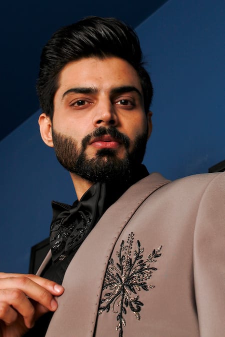 Buy_The House Of Diwans_Brown Polyester, Viscose, Cotton Placed Floral Embellished Tuxedo Trouser Set _Online_at_Aza_Fashions