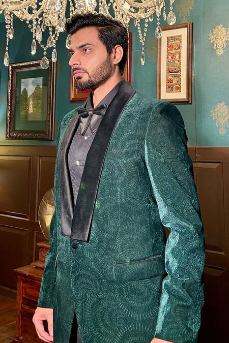Buy_The House Of Diwans_Green Velvet, Cotton, Polyester Embroidery Spiral Pattern Tuxedo Trouser Set _Online_at_Aza_Fashions