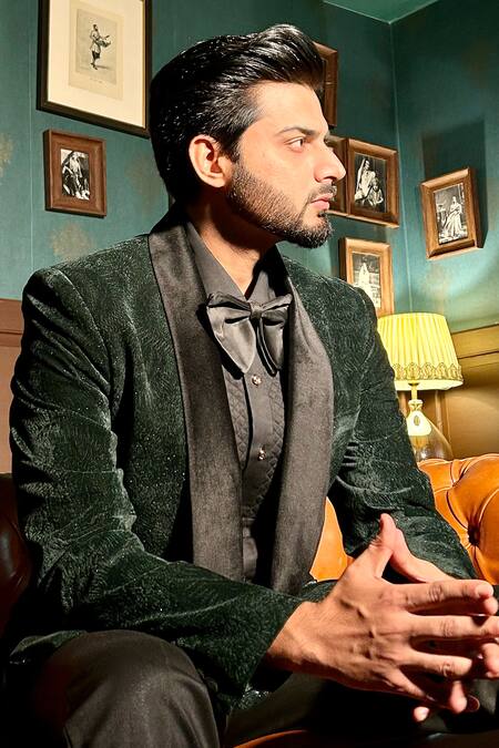 Shop_The House Of Diwans_Green Velvet, Cotton, Polyester Embroidery Spiral Pattern Tuxedo Trouser Set _Online_at_Aza_Fashions
