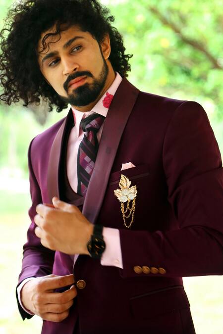 The House Of Diwans_Wine Cotton, Polyester Brooches Solid Tuxedo Set With Waistcoat _Online_at_Aza_Fashions