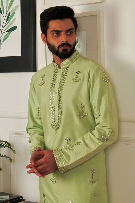 Buy The House Of Diwans Green Cotton, Silk Mirrors, Embroidery Floral Kurta With Pant Pyjama Online at Aza Fashions Buy_The House Of Diwans_Green Cotton, Silk Mirrors, Embroidery Floral Kurta With Pant Pyjama _Online_at_Aza_Fashions