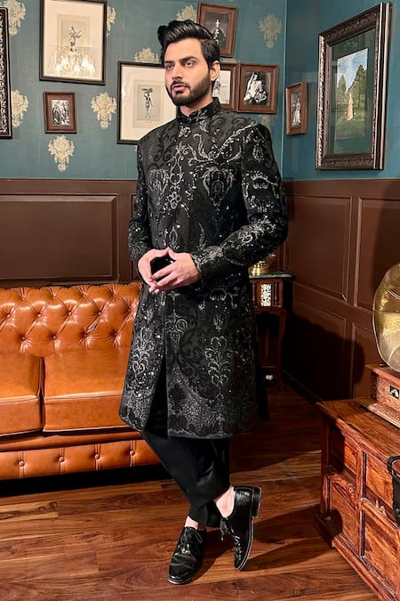 The House Of Diwans Black Sherwani Velvet Embellished Sequin Pant Pyjama Set 