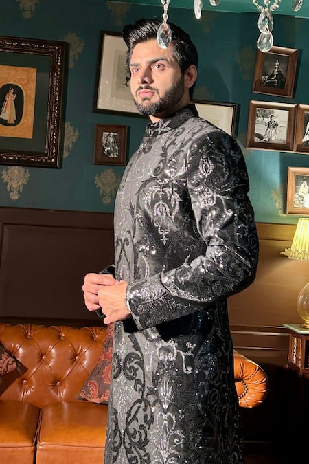 The House Of Diwans Velvet Sequin Embellished Sherwani Pant Pyjama Set 