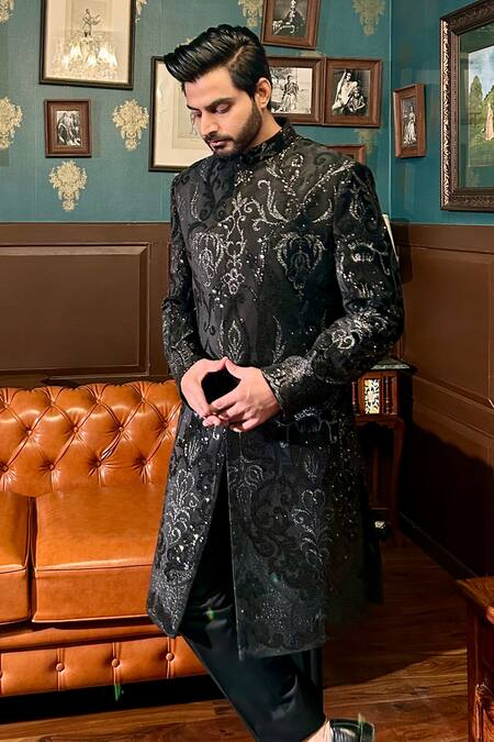 Buy_The House Of Diwans_Black Velvet, Polyester, Viscose, Cotton Embellished Sherwani Pant Pyjama Set _Online_at_Aza_Fashions
