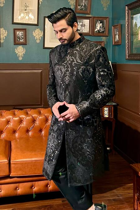 Shop_The House Of Diwans_Black Velvet, Polyester, Viscose, Cotton Embellished Sherwani Pant Pyjama Set _Online_at_Aza_Fashions