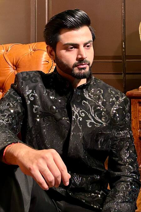 The House Of Diwans_Black Velvet, Polyester, Viscose, Cotton Embellished Sherwani Pant Pyjama Set _at_Aza_Fashions