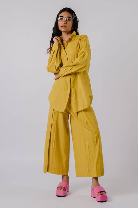 Shop Tussah By Siddhi Shah Yellow Cotton Collared Back Cut Work Panelled Shirt And Pant Set at Aza Fashions Shop_Tussah By Siddhi Shah_Yellow Cotton Collared Back Cut Work Panelled Shirt And Pant Set _at_Aza_Fashions