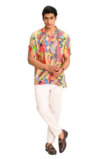 Shop_Juhi Bengani_Multi Color Silk Satin Printed Abstract Frenzy Shirt_Online_at_Aza_Fashions