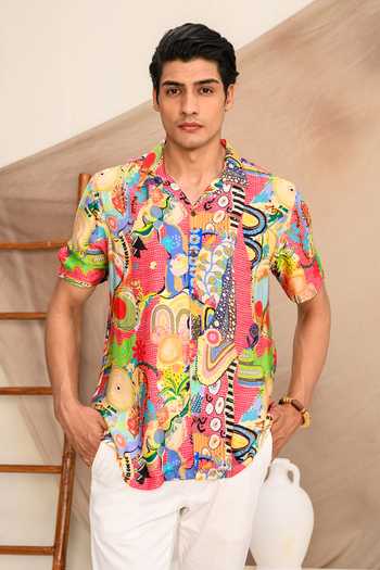 Juhi Bengani_Multi Color Silk Satin Printed Abstract Frenzy Shirt_at_Aza_Fashions