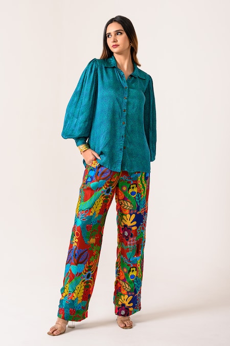 Buy_Juhi Bengani_Multi Color Silk Satin Printed Abstract Collared Sea Shirt And Pant Set _Online_at_Aza_Fashions