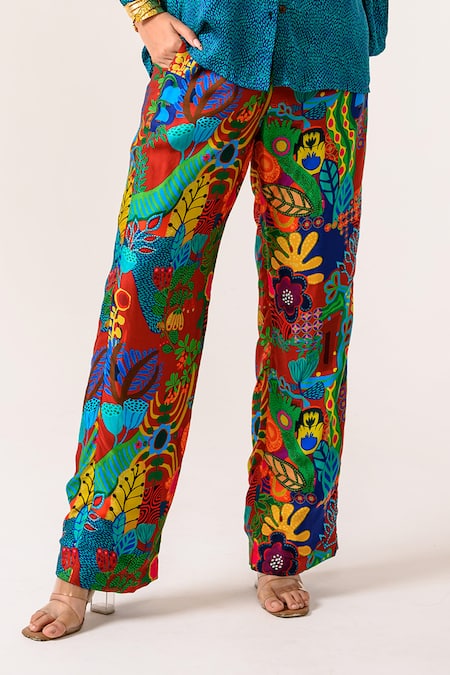 Shop_Juhi Bengani_Multi Color Silk Satin Printed Abstract Collared Sea Shirt And Pant Set _Online_at_Aza_Fashions