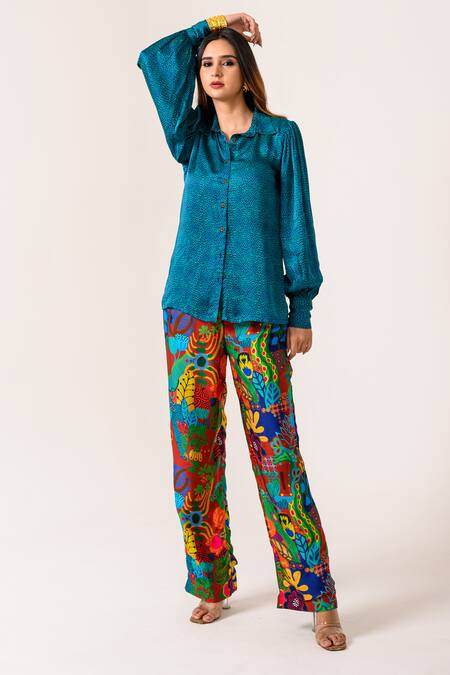 Juhi Bengani_Multi Color Silk Satin Printed Abstract Collared Sea Shirt And Pant Set _at_Aza_Fashions