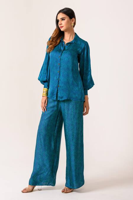 Juhi Bengani_Blue Silk Satin Collared Sea Printed Shirt And Pant Set _Online_at_Aza_Fashions