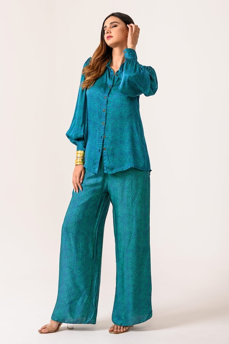 Buy_Juhi Bengani_Blue Silk Satin Collared Sea Printed Shirt And Pant Set _Online_at_Aza_Fashions