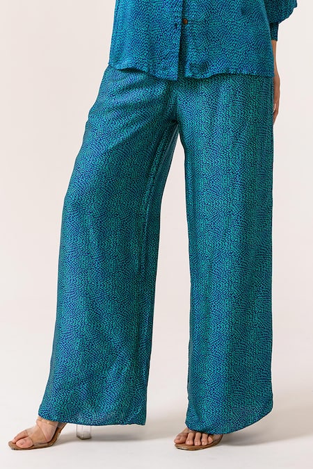 Shop_Juhi Bengani_Blue Silk Satin Collared Sea Printed Shirt And Pant Set _Online_at_Aza_Fashions
