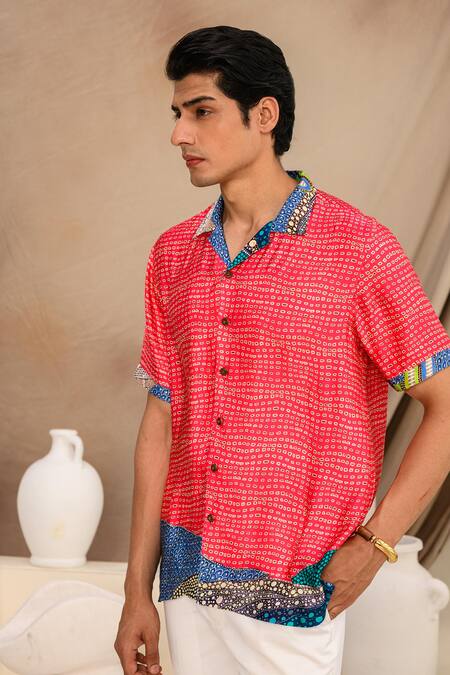 Juhi Bengani_Pink Silk Satin Printed Abstract Shirt _Online_at_Aza_Fashions